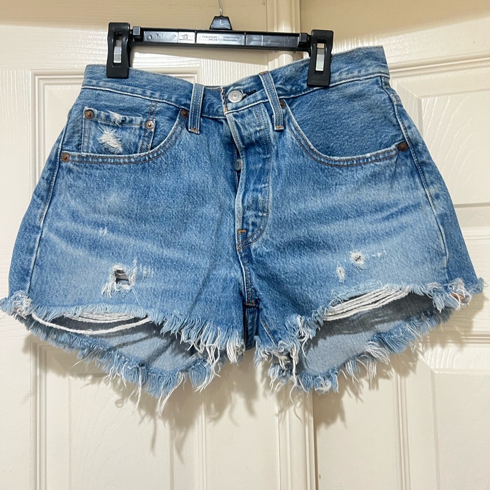 Levis 501 Button Fly Jean Cutoffs distressed Shorts Blue Denim Womens Size 26